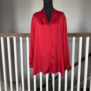 Chicos Red Satin Blouse Size 3 XL  V-Neck Long Sleeve Office Career Romantic